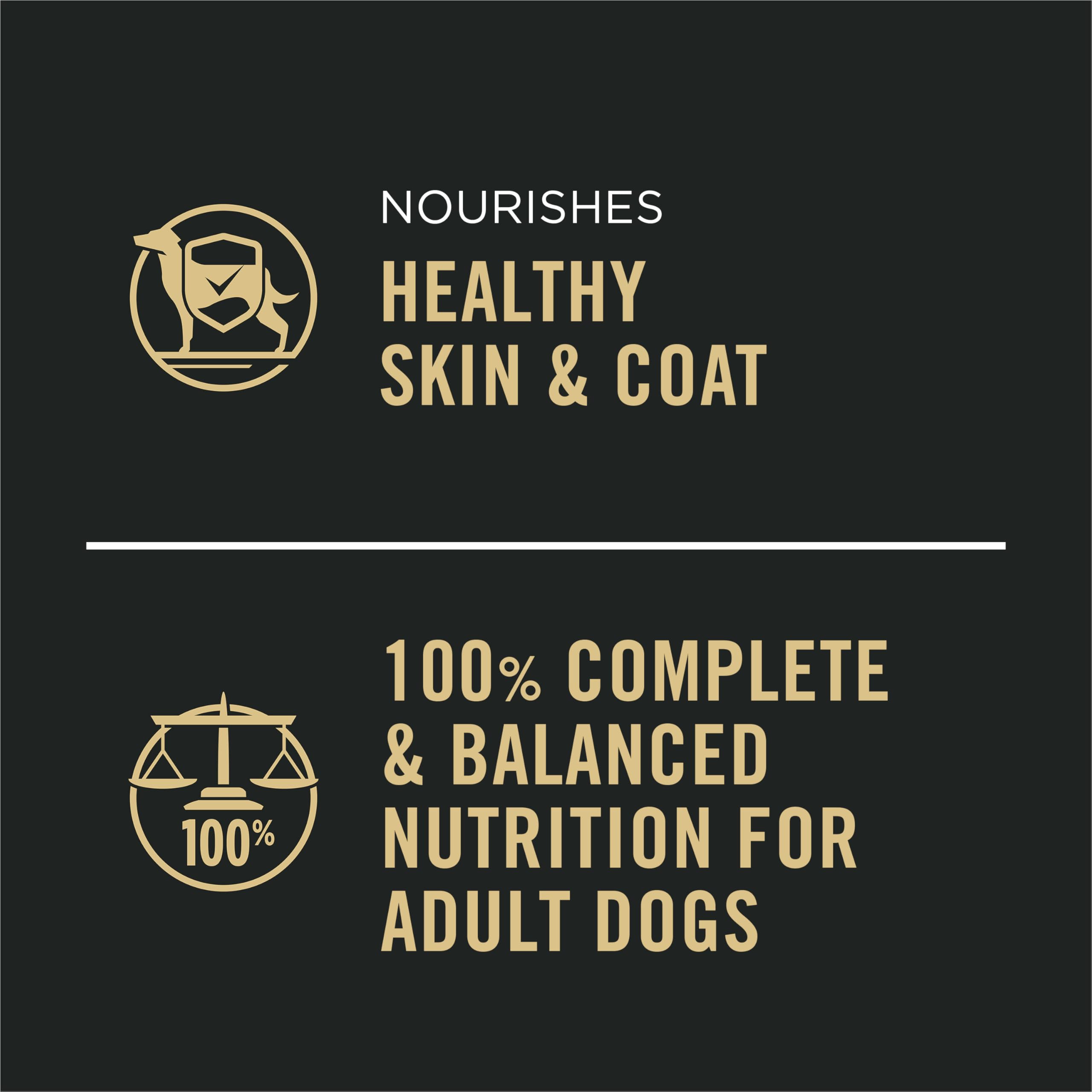 Purina Pro Plan con 23 vitaminas y nutrientes para perros adultos.