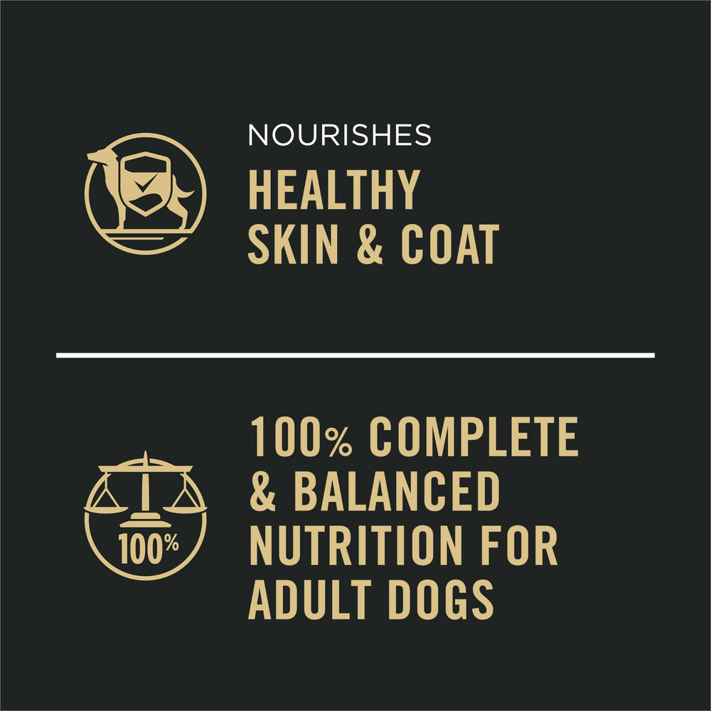 Purina Pro Plan con 23 vitaminas y nutrientes para perros adultos.
