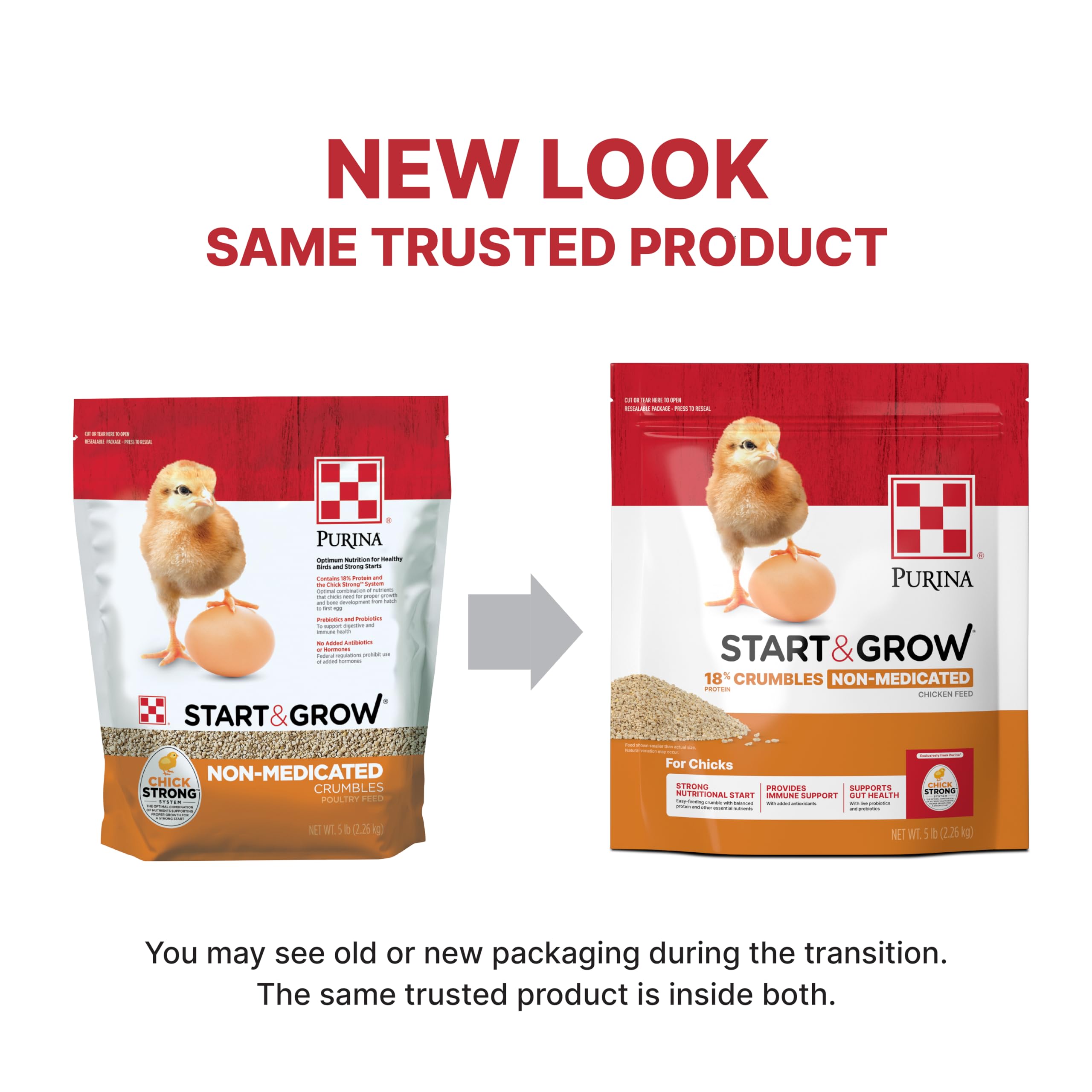 Textura crujiente de Purina Start and Grow en granulado para pollitos.