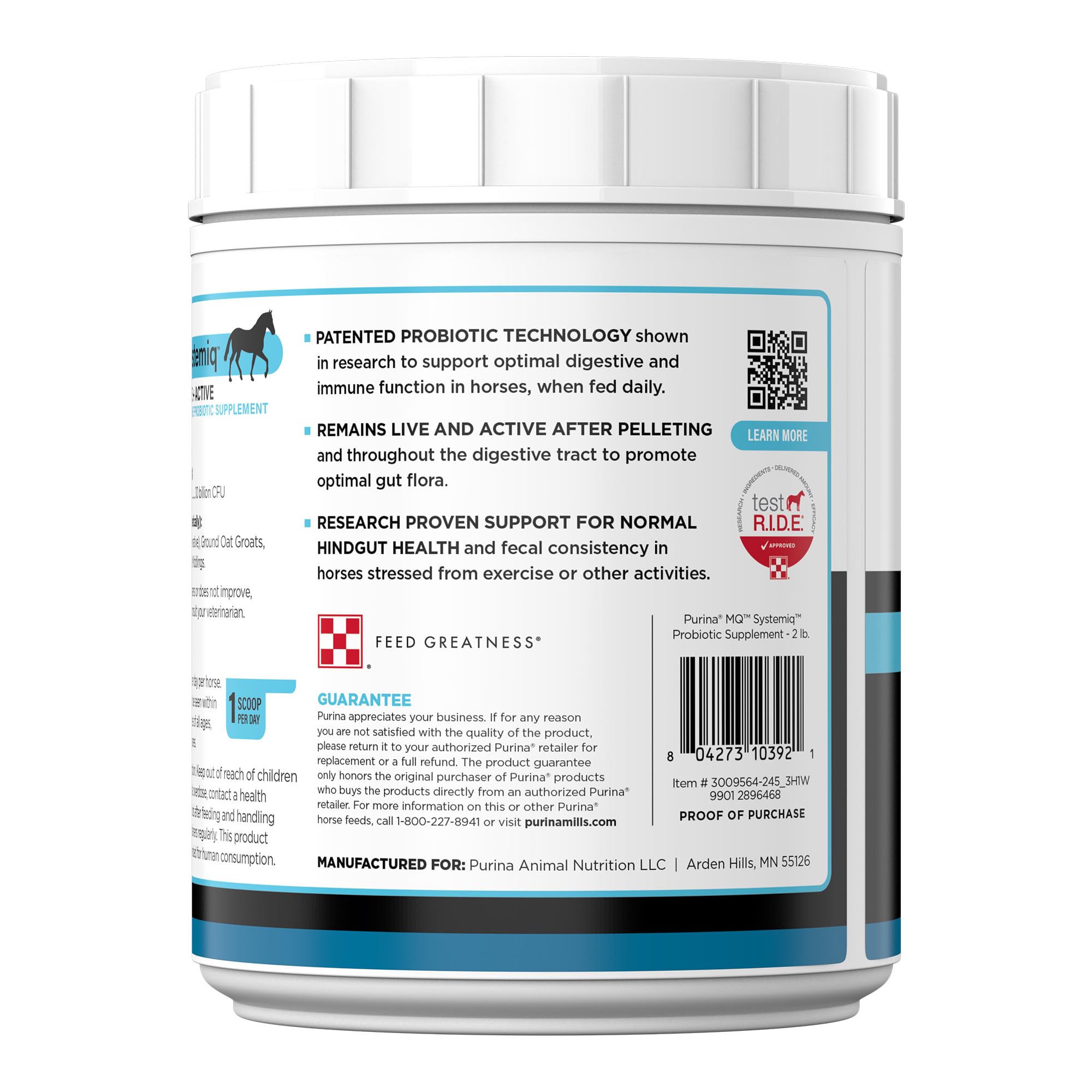 Purina Systemiq Probiotic etiqueta en empaque, tecnología probiótica patentada.