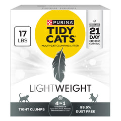 Purina Tidy Cats LightWeight 4-en-1 en caja de 17 libras, manejo cómodo para multigatos.