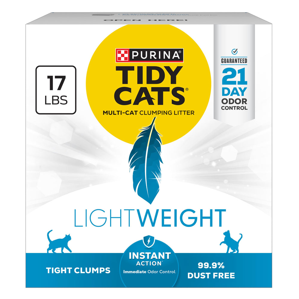 Purina Tidy Cats Lightweight Instant Action en empaque de 17 libras, manejo cómodo.