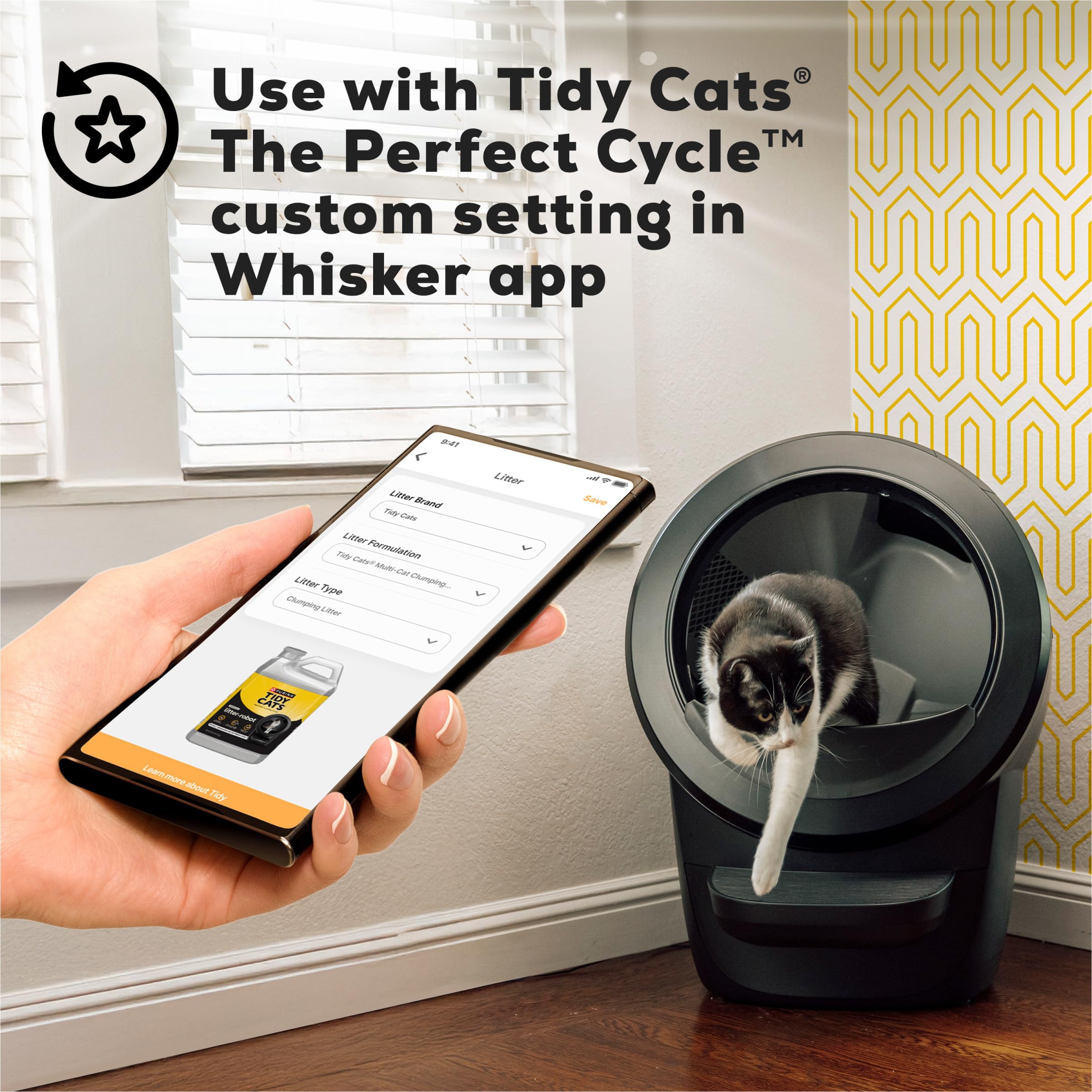 Purina Tidy Cats sincronizado con la app myPurina para seguimiento.