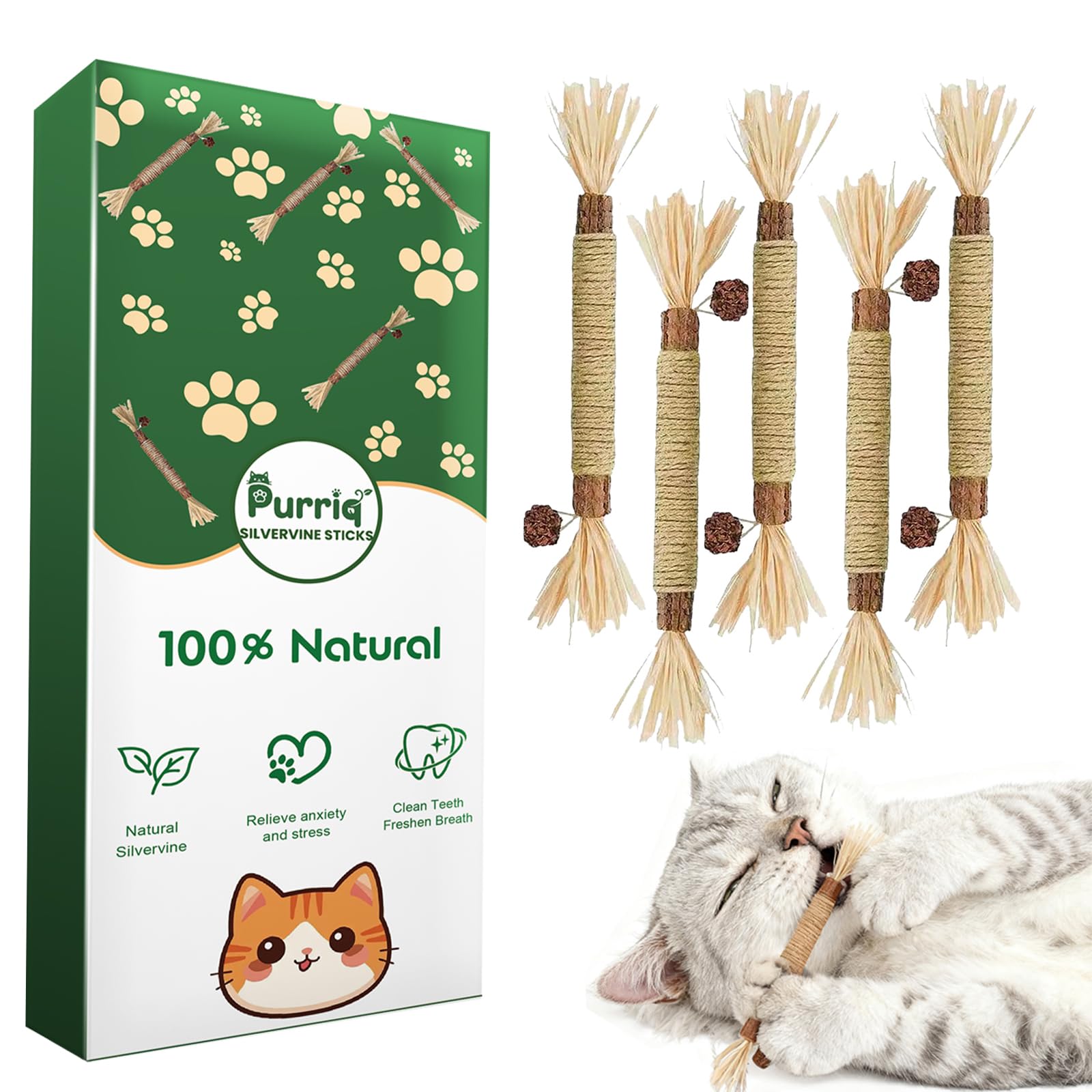 Purriq palito de vid plata natural para limpieza dental felina y juego seguro.