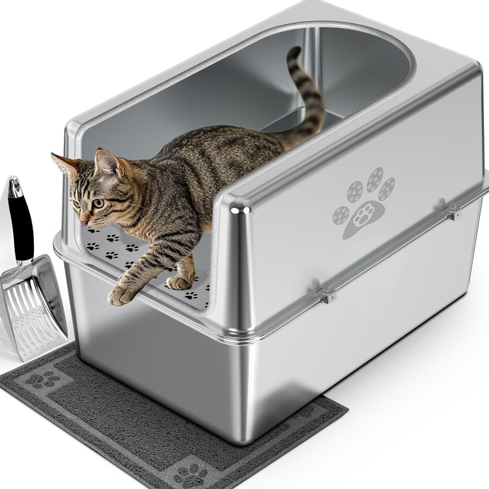 PWTAA caja de arena de acero inoxidable con tapa para gatos grandes, visualizando el diseño