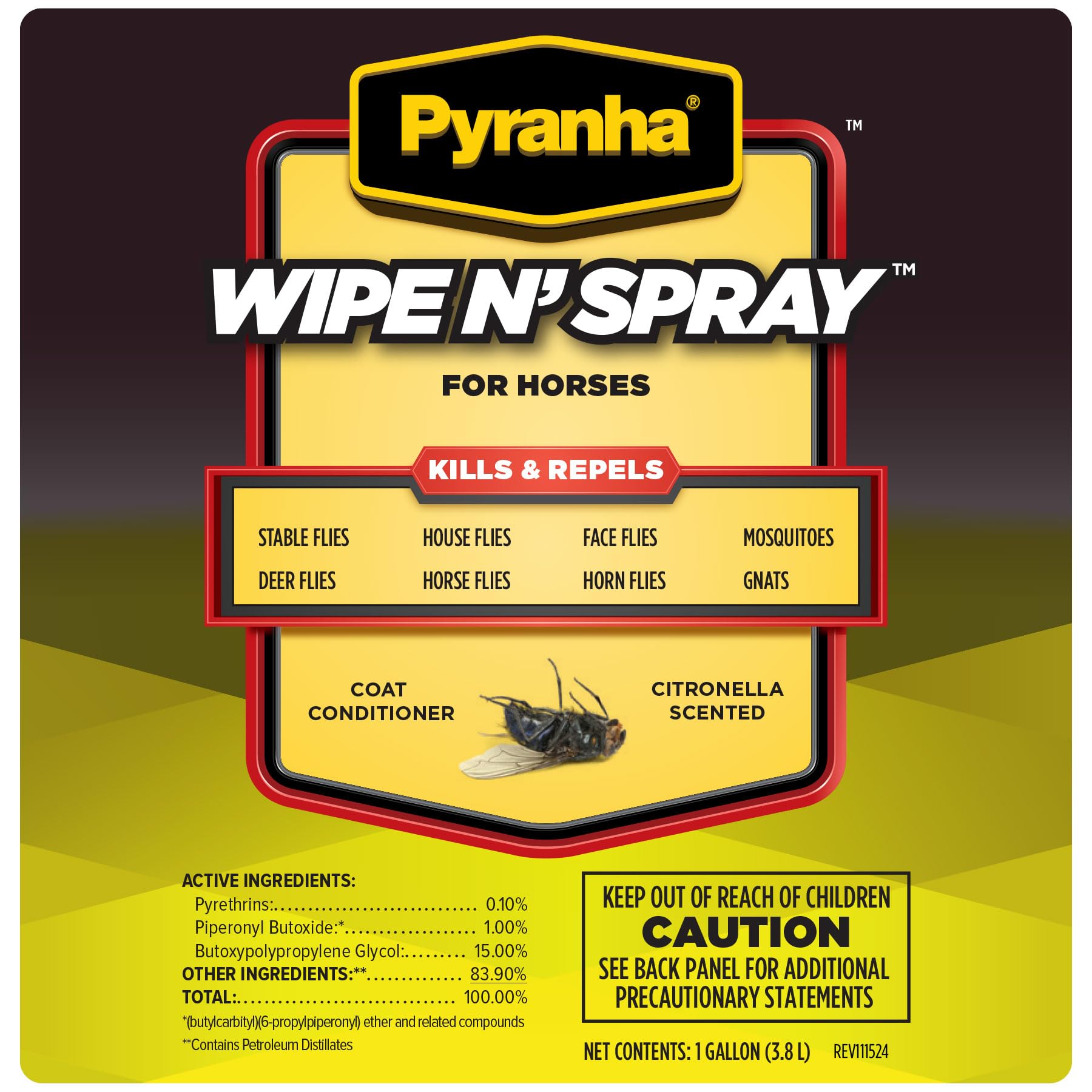 Detalle de etiqueta de Pyranha Wipe N' Spray con tecnología estable