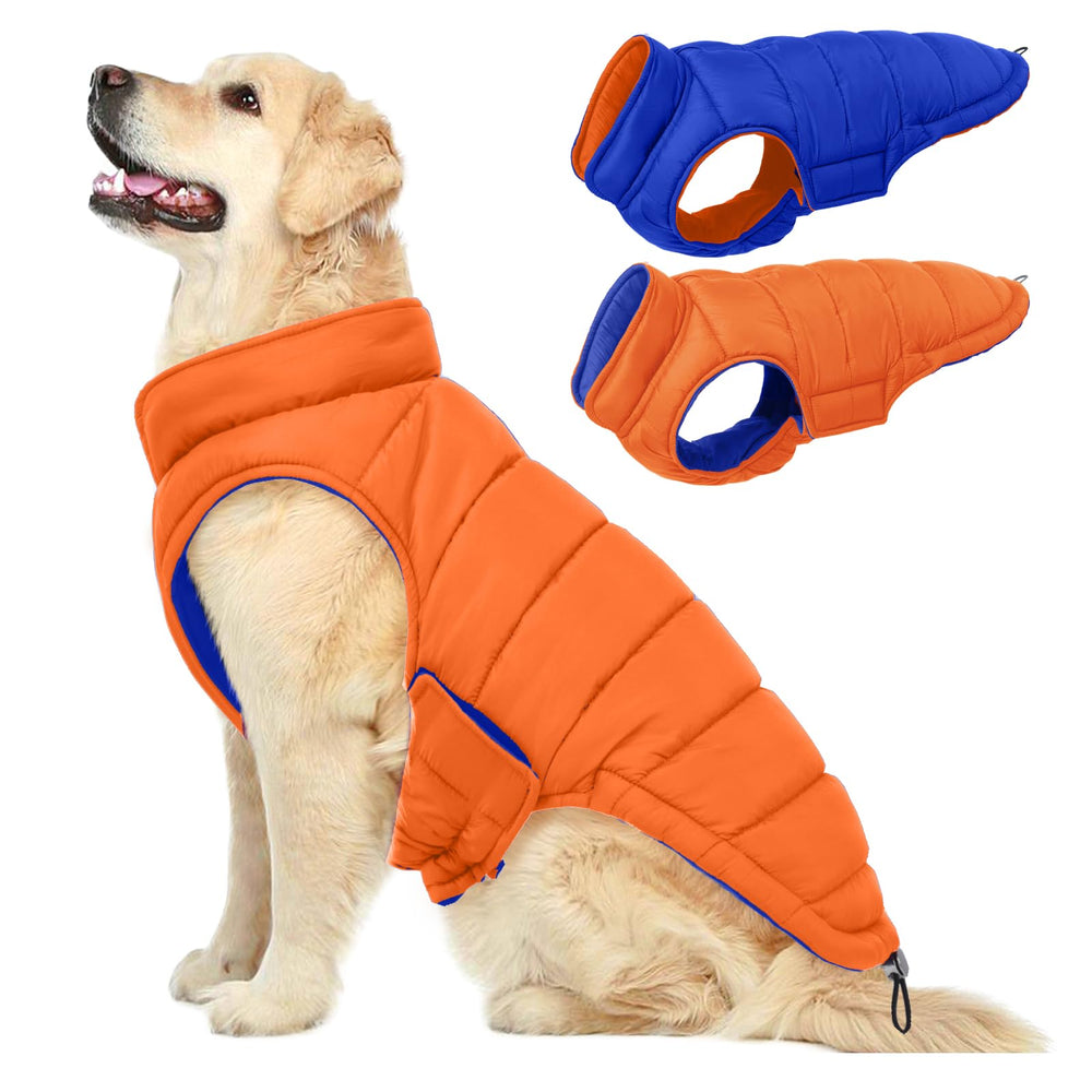 QBLEEV abrigo reversible para perros grandes en naranja, dos looks para clima frío.