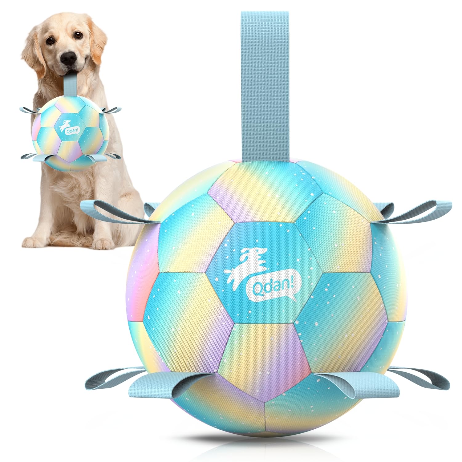 QDAN bola perro con correas gradiente azul, ideal para juego al aire libre.