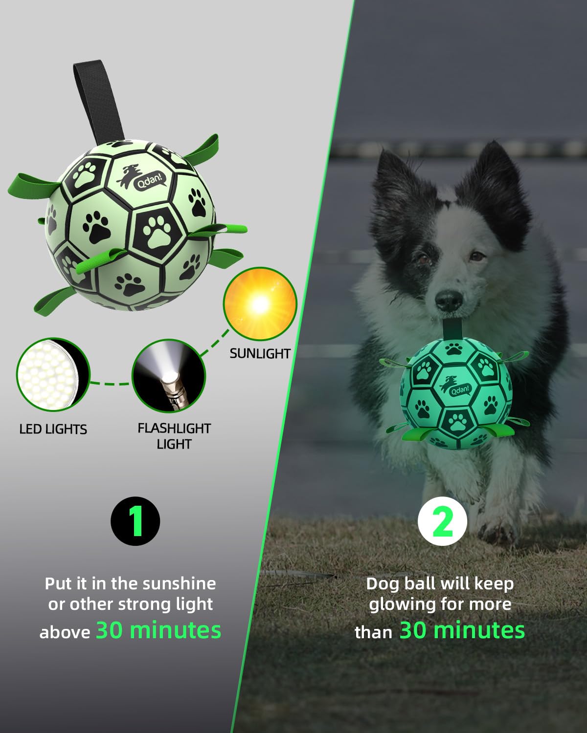 Pelota QDAN con luz verde, perfecta para atrapar al aire libre.