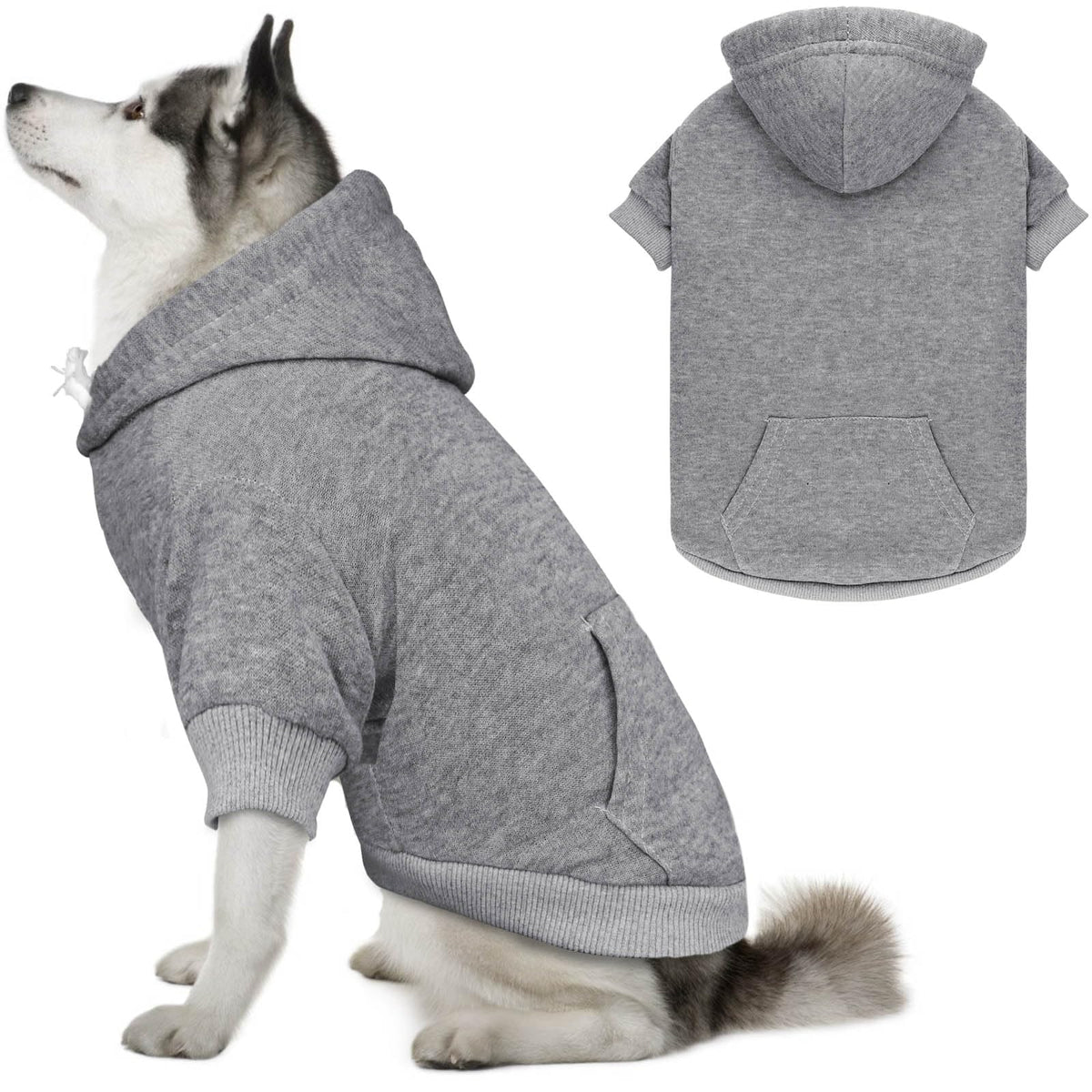 QDYU sudadera gris para perros, vista frontal; ideal para paseos diarios en frío.