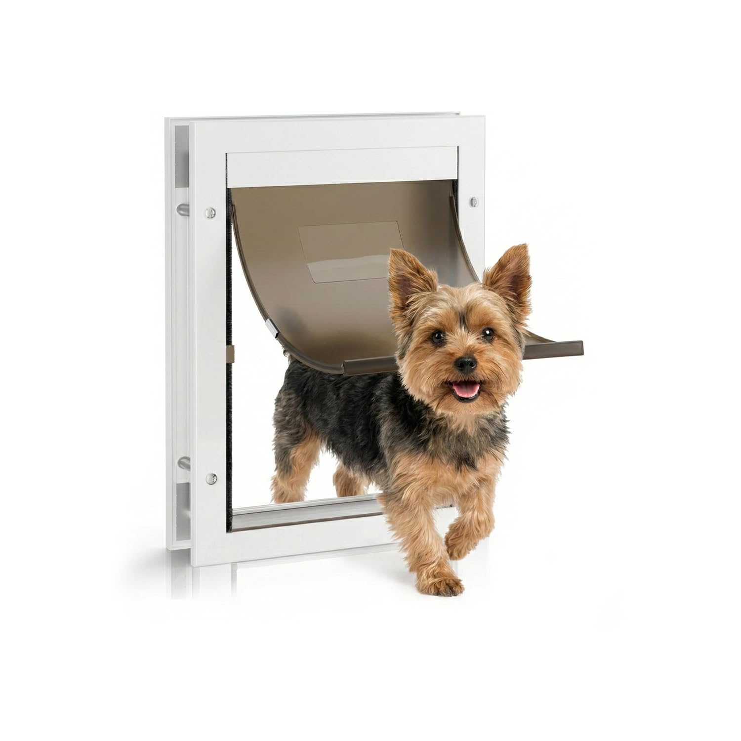 Qeelko puerta para perros grande, marco de aluminio blanco, acceso cómodo para mascotas