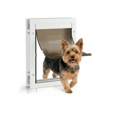 Qeelko puerta para perros grande, marco de aluminio blanco, acceso cómodo para mascotas