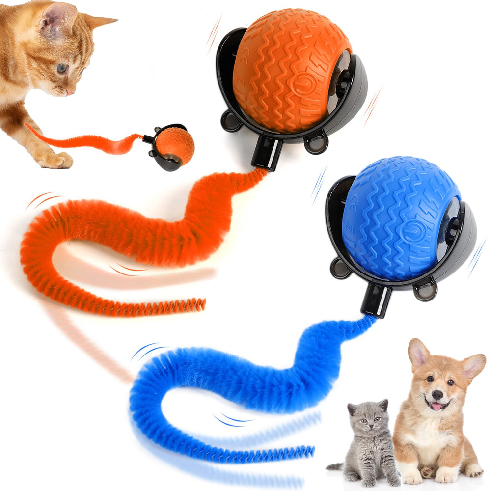 Bola interactiva de Qiloos para gatos, azul y naranja, ideal para juego activo en interiores.