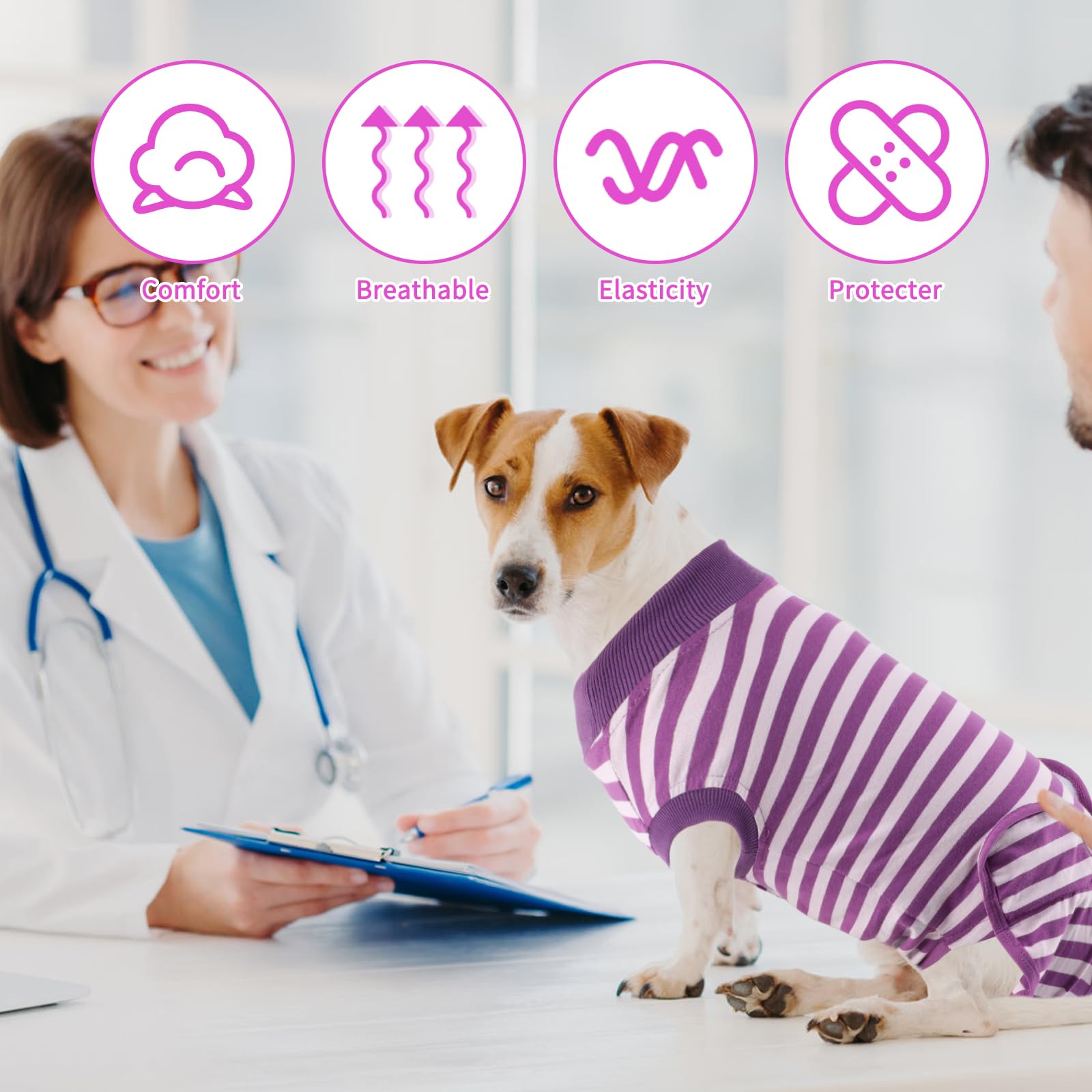 QUEARN perro usando traje recuperación, movilidad conservada durante la recuperación.