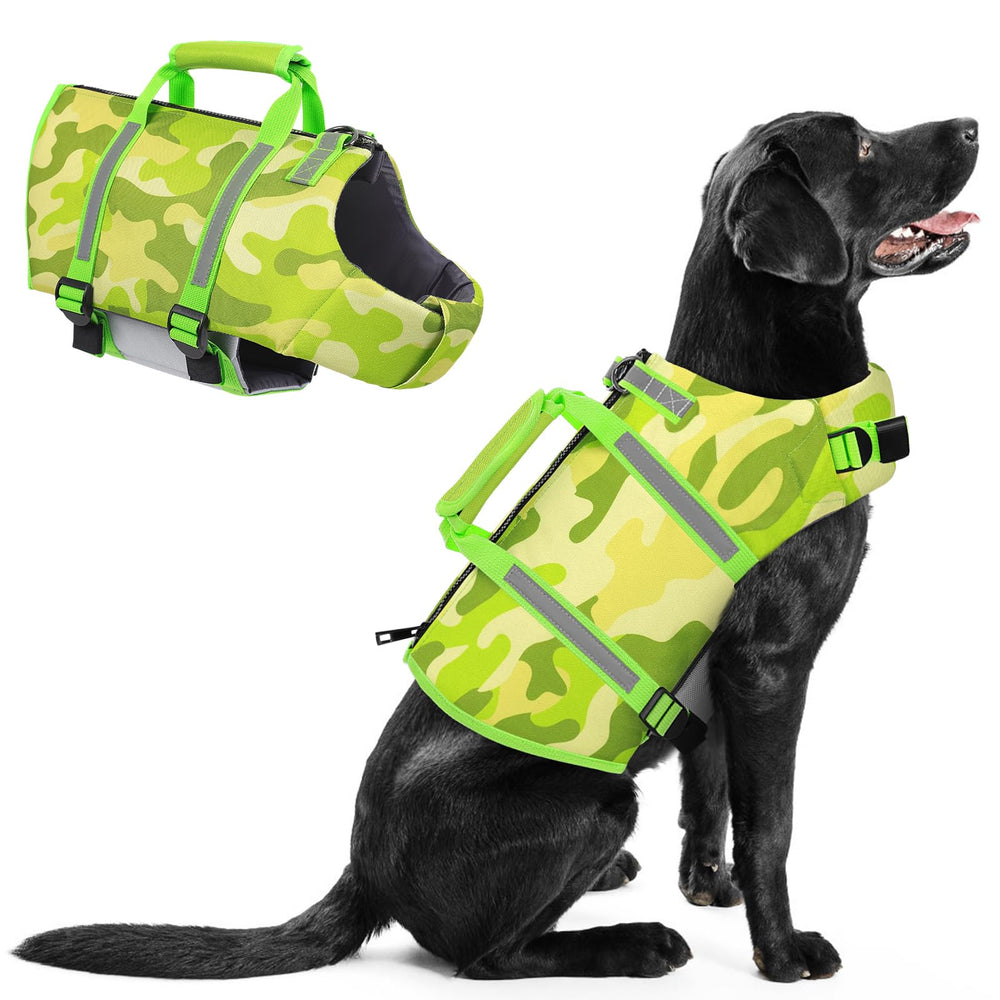 Chaleco salvavidas para perros grandes en verde camo Queenmore, ideal para flotar