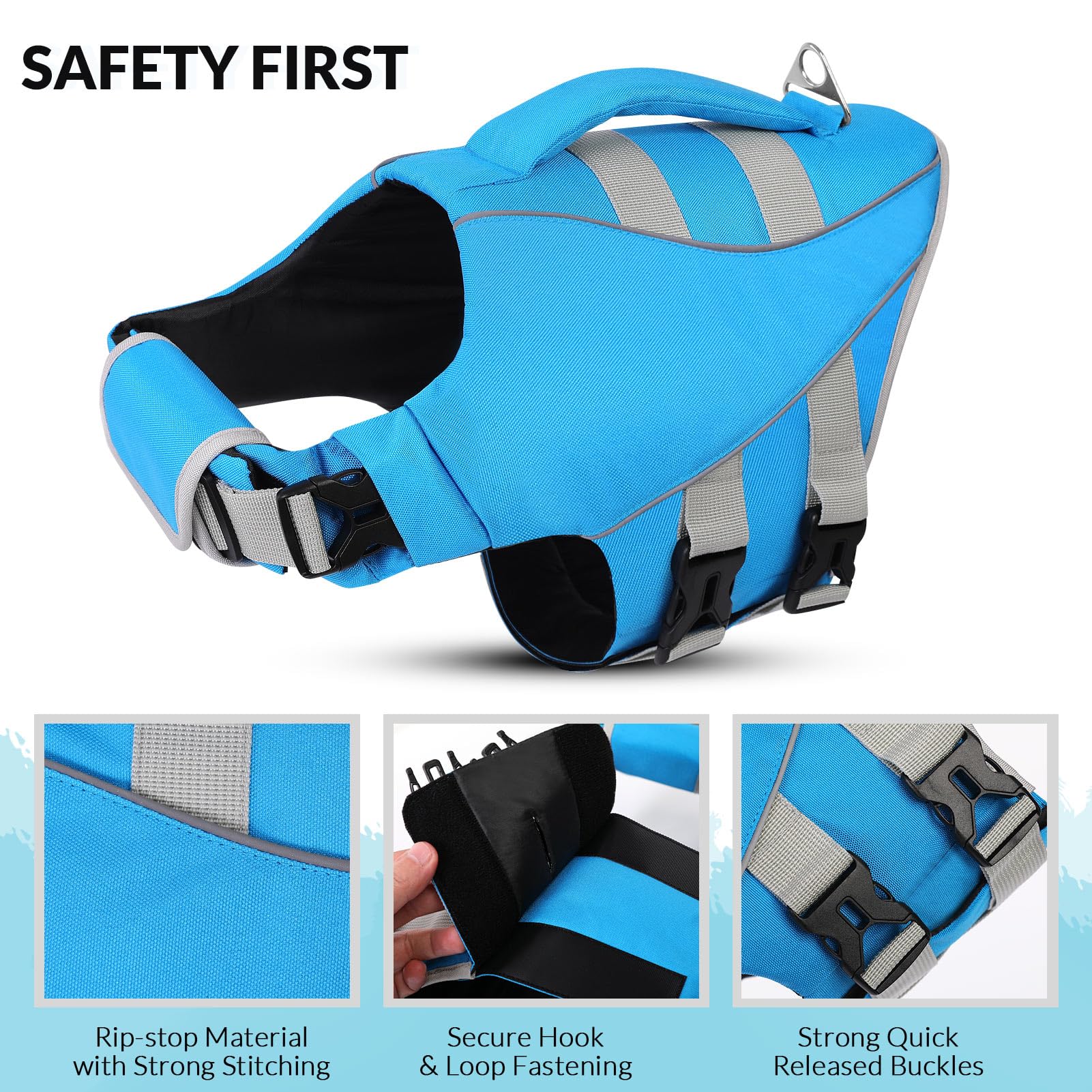 Queenmore chaleco salvavidas para perro pequeño, vista lateral, alta visibilidad en exteriores.