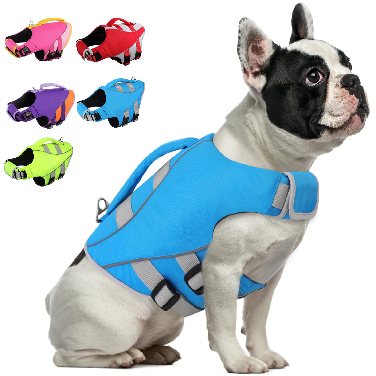 Queenmore chaleco salvavidas para perro pequeño, vista frontal, flotación estable para nadar.