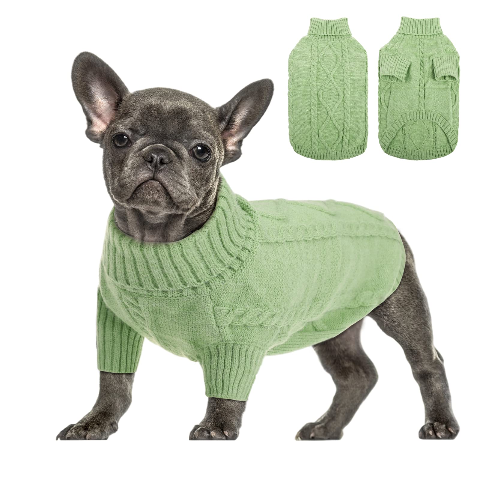 Queenmore suéter perro cuello alto verde, ideal para climas fríos.