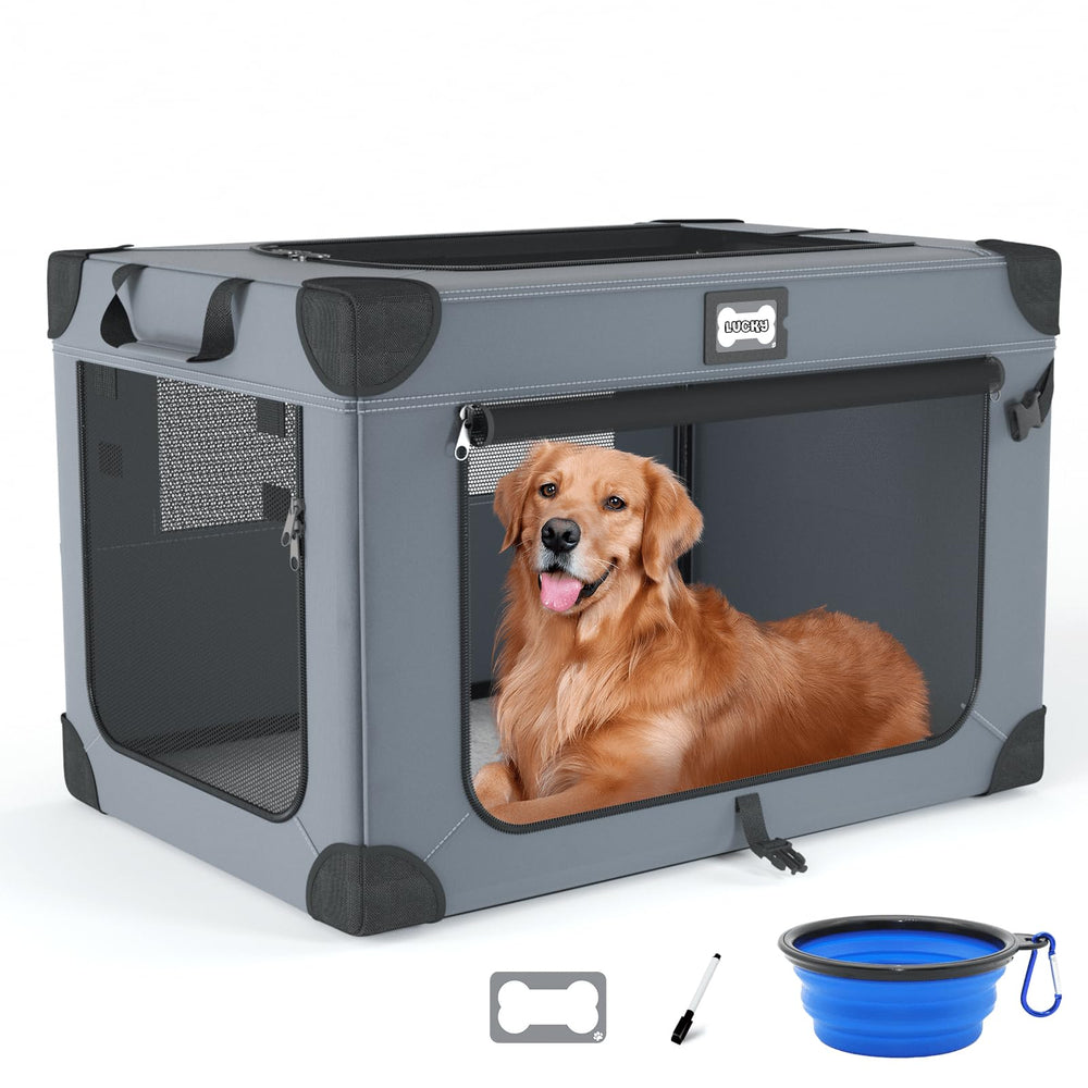 Jaula QUIBBLICK para perros con ventanas de malla para ventilación y supervisión fácil.