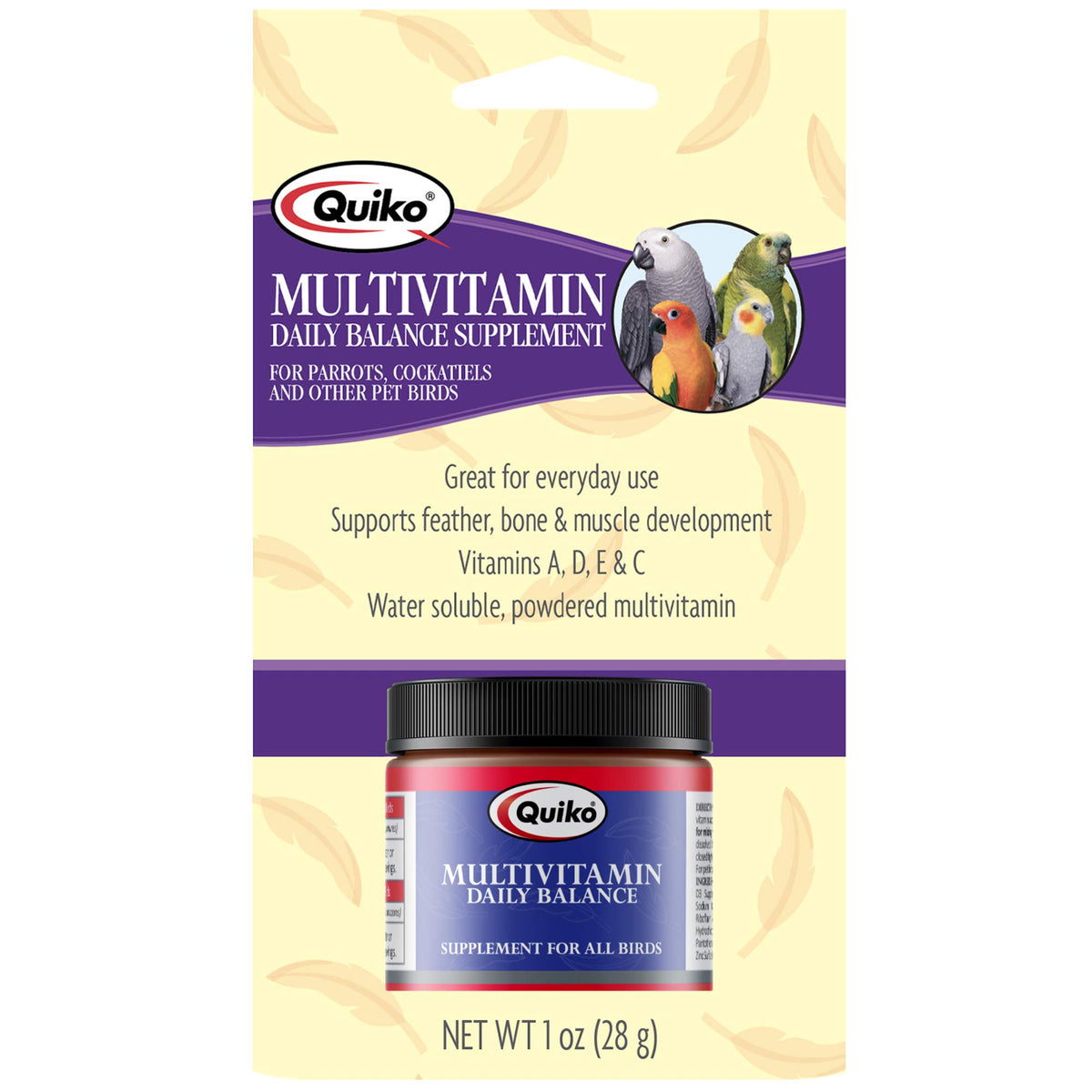 Botella de Quiko multivitaminico diario para aves, apoyo vital diario.
