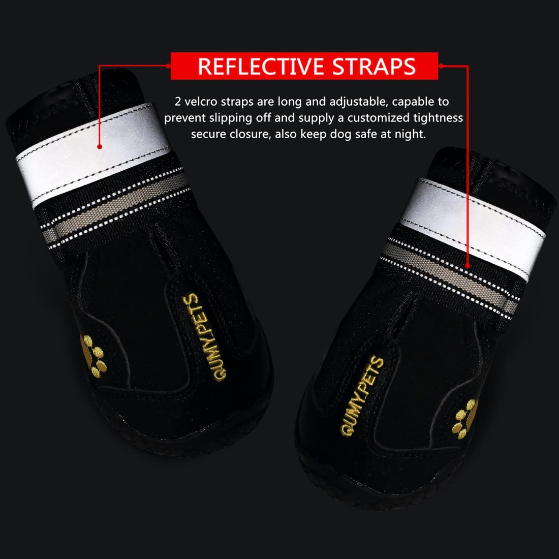 Diseño con huella de QUMY en botas caninas grandes para estilo y rendimiento.