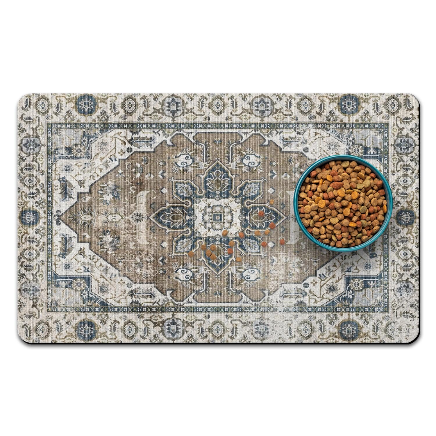 QXWREL almohadilla para comida de perros, vista frontal, ayuda a mantener el suelo limpio.