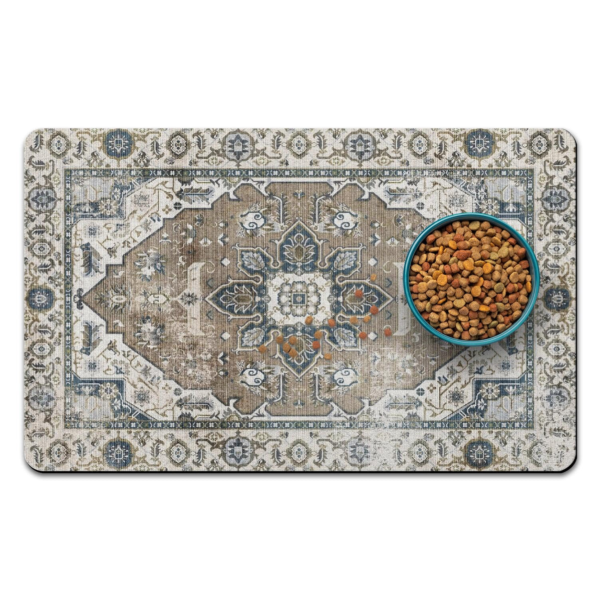 QXWREL almohadilla para comida de perros, vista frontal, ayuda a mantener el suelo limpio.