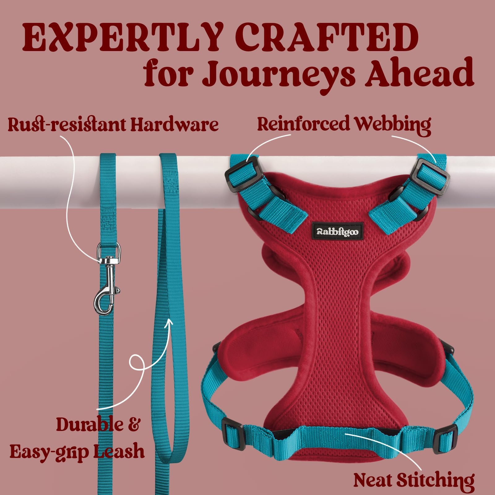 Diseño tipo chaleco de arnés Rabbitgoo para comodidad y estilo.