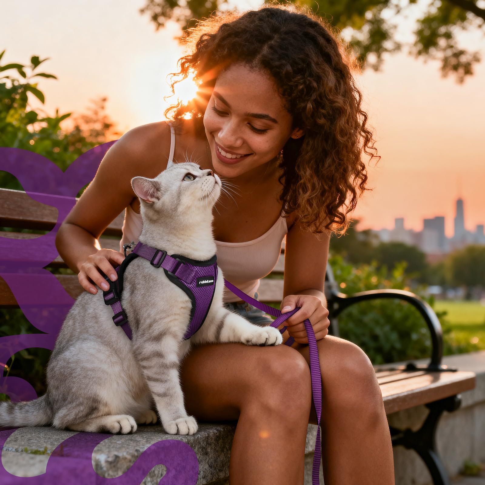 Arnés Rabbitgoo estilo morado para gato con estilo y seguridad.