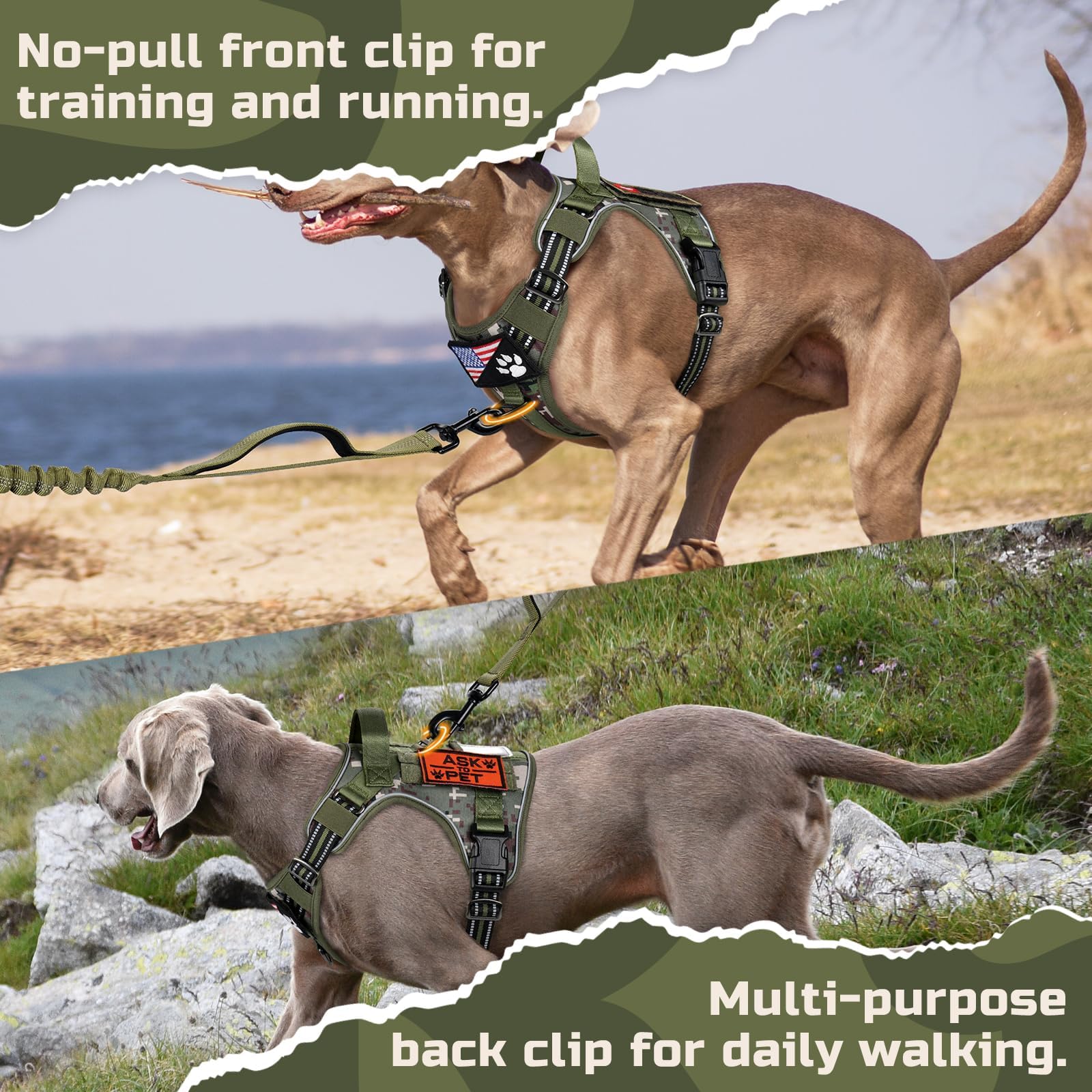 Arnés rabbitgoo camuflaje verde para perros grandes, ideal para senderismo y excursiones.