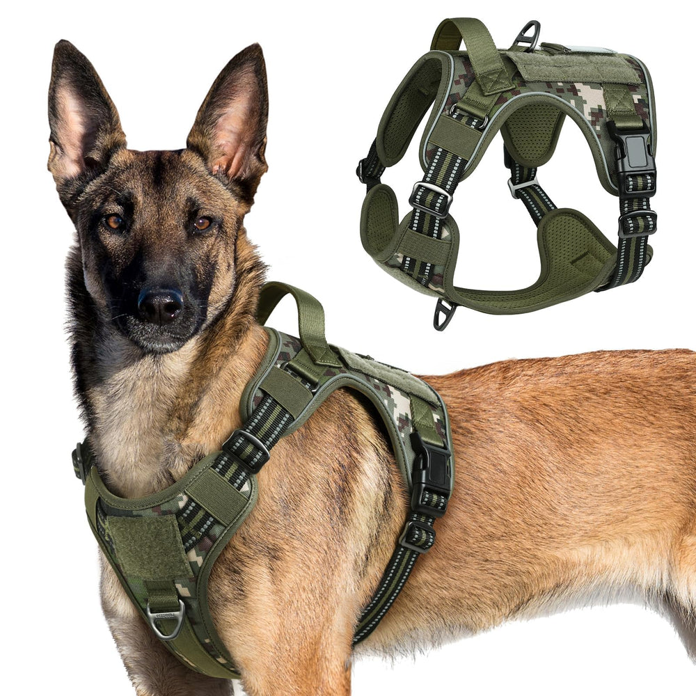 Arnés táctico rabbitgoo para perro grande, vista frontal, cómodo y seguro para paseos.