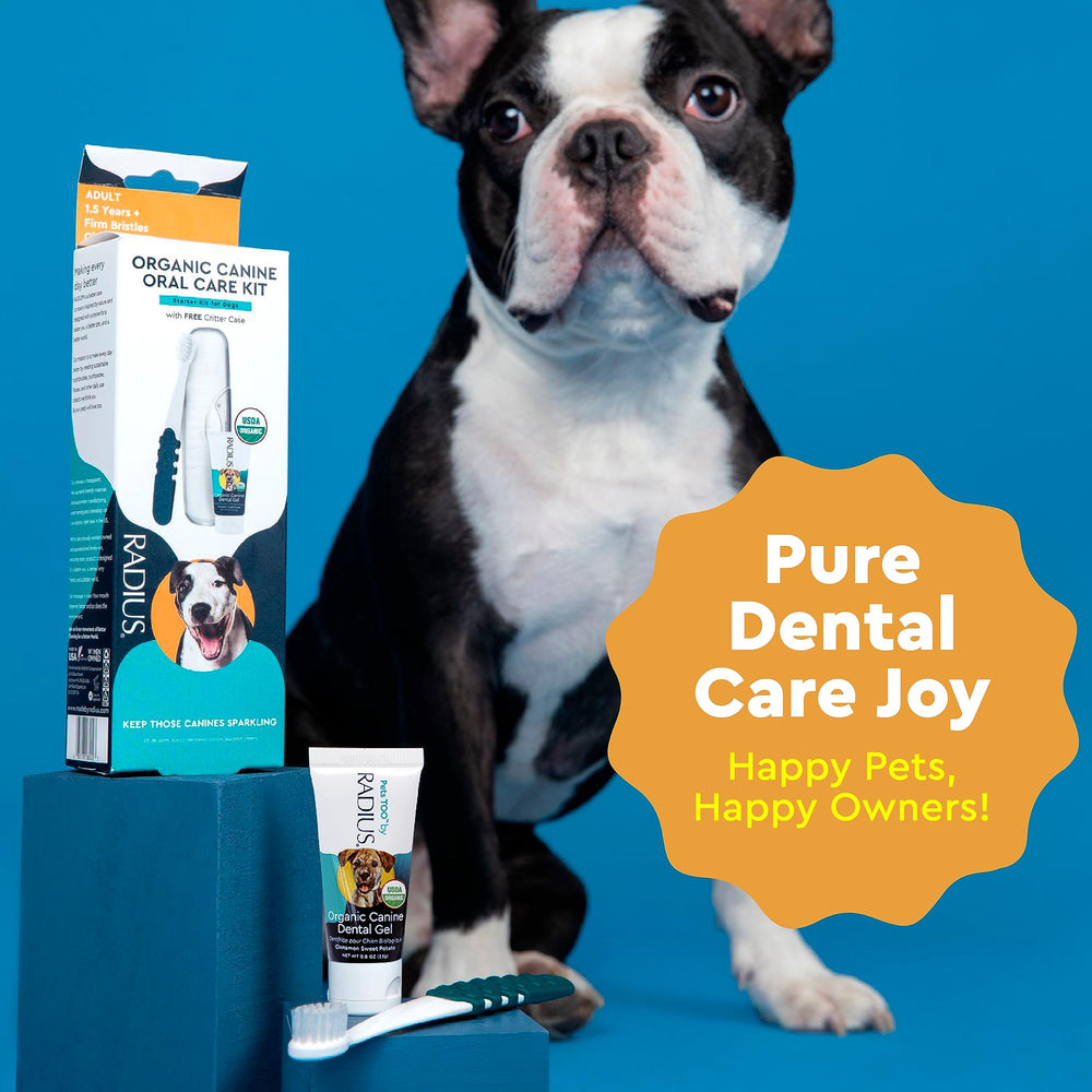 Kit completo de cuidado dental RADIUS para cachorros en casa.