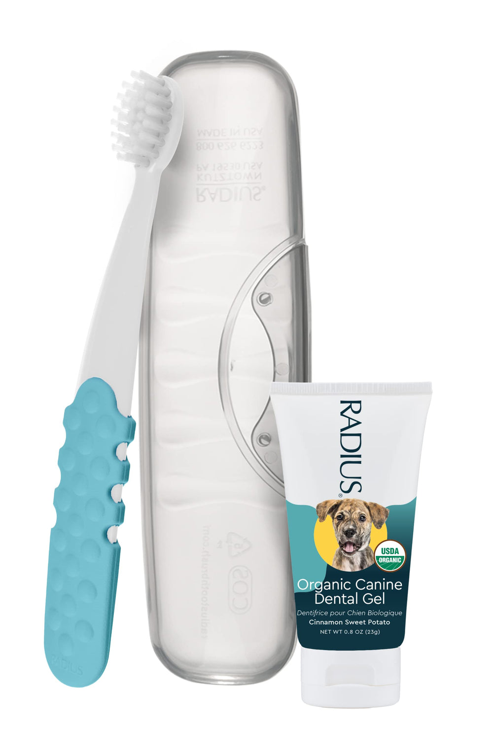 Pasta orgánica RADIUS para cachorros, higiene bucal segura.