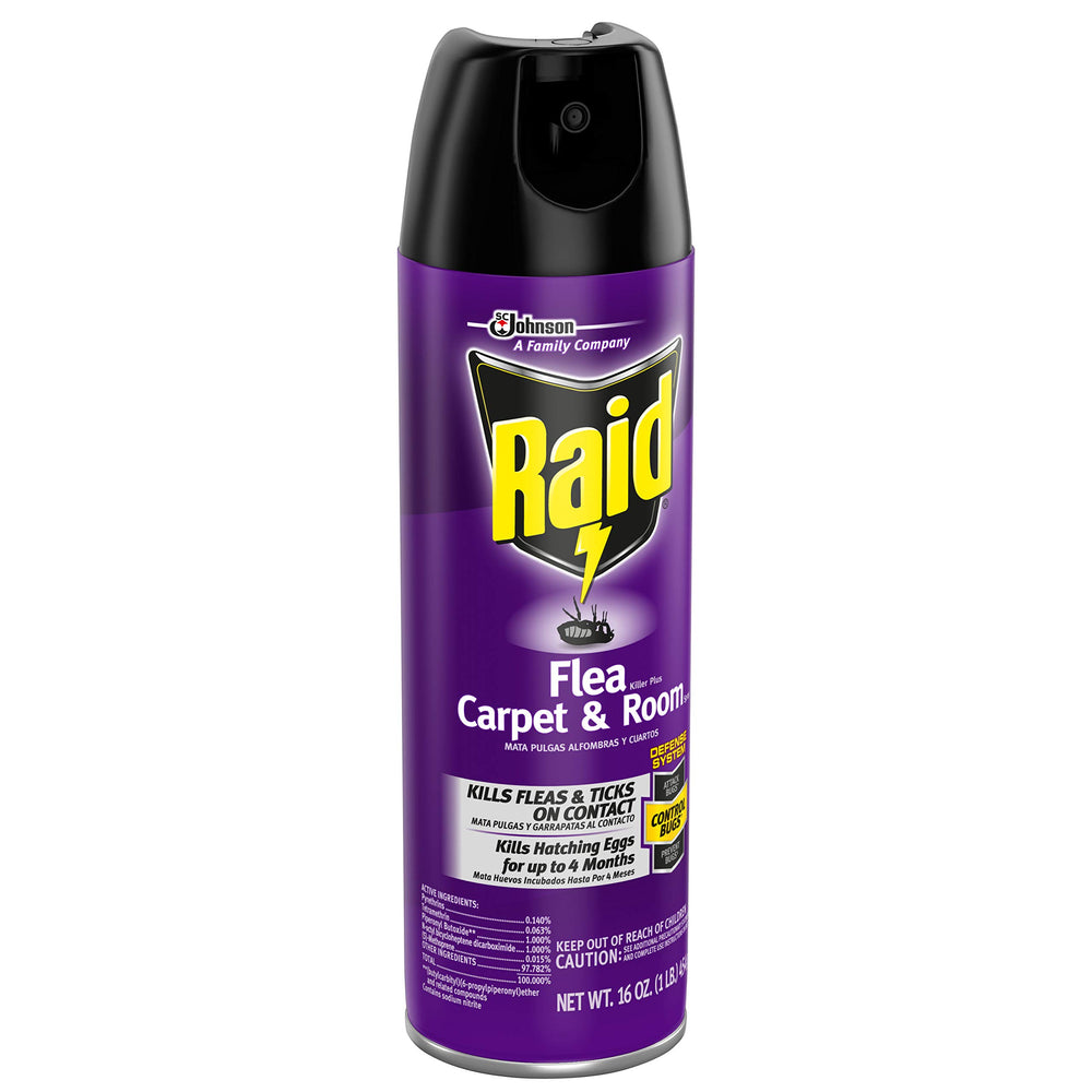 Raid Flea Killer, aplicación en esquinas y muebles, combate grillos y cucarachas.
