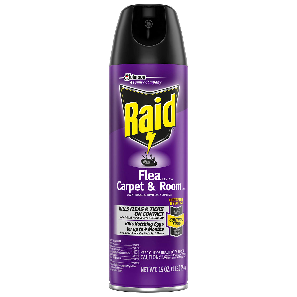 Raid Flea Killer, botella vertiendo, uso en interiores para eliminar pulgas y garrapatas.
