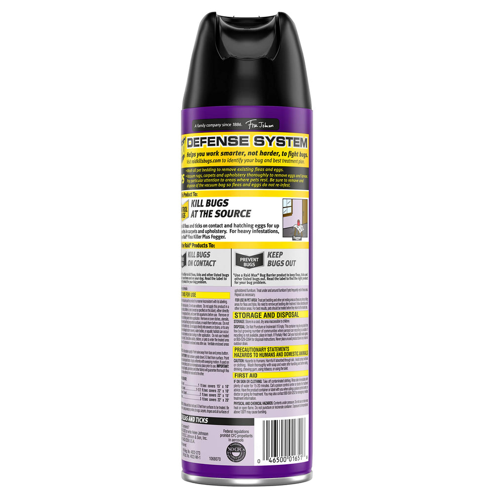 Raid Flea Killer, etiqueta clara y uso seguro, sin manchas en superficies.
