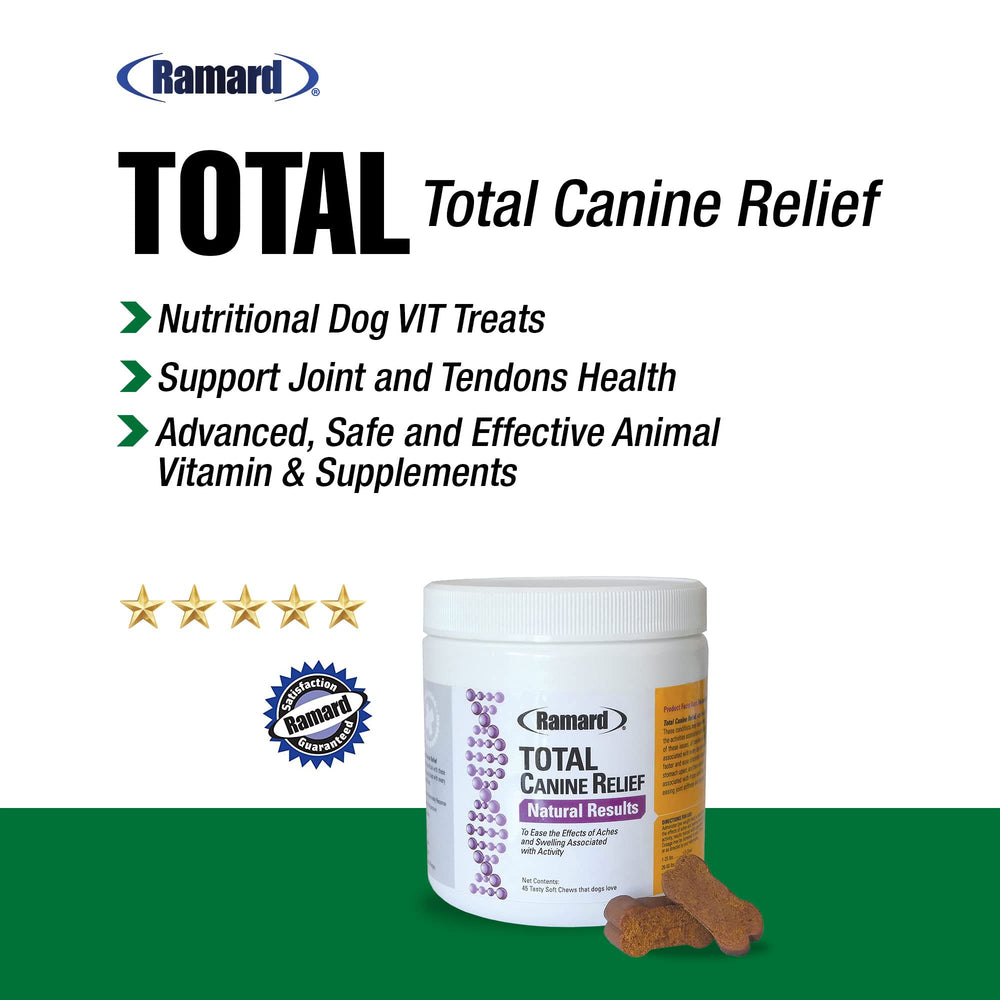 Ramard Total Canine Relief muestra apoyo a articulaciones para perros activos.