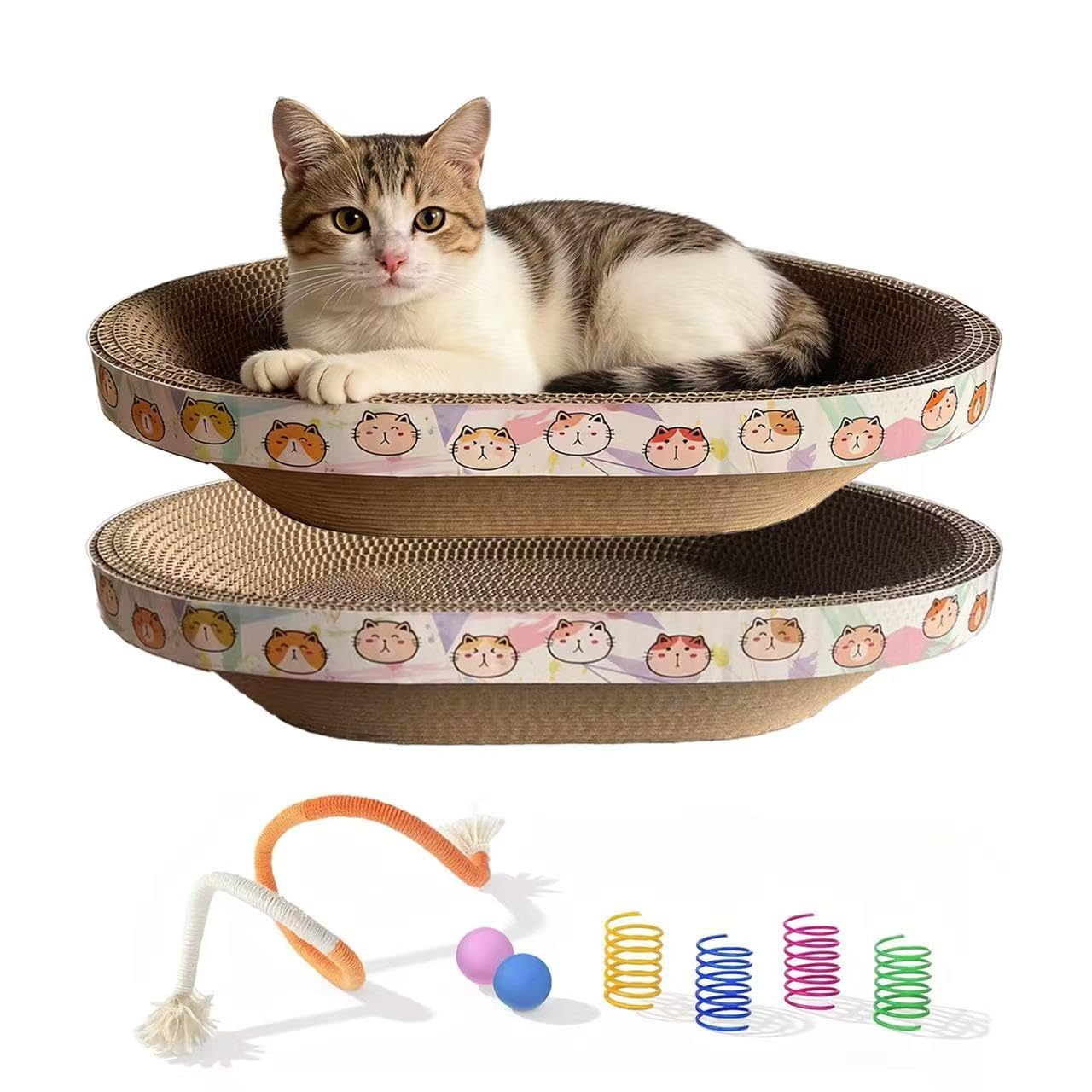 Rascador-gatos-carton-oval 16.7x12.8 pulgadas, protege muebles y fomenta juego.