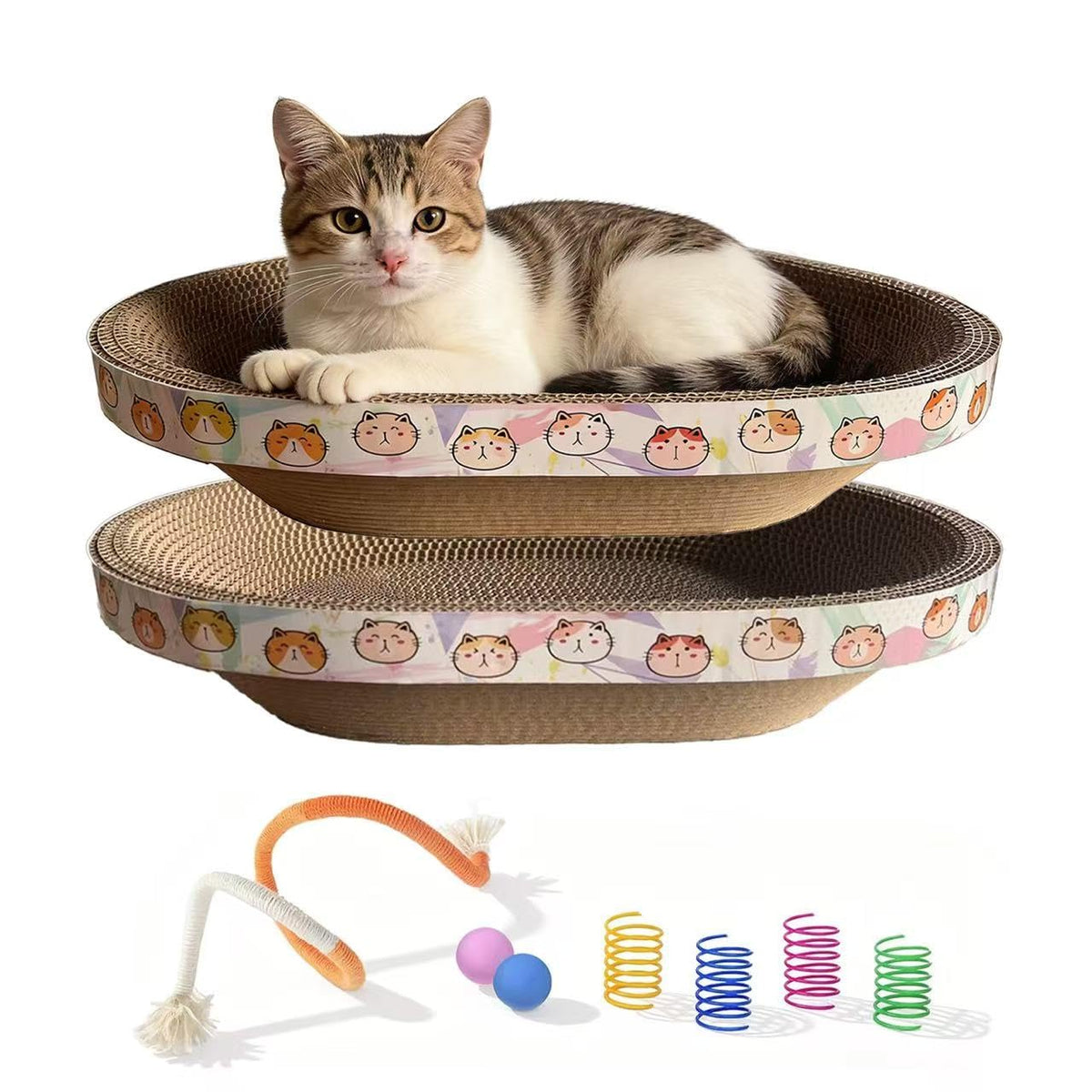 Rascador-gatos-carton-oval 16.7x12.8 pulgadas, protege muebles y fomenta juego.