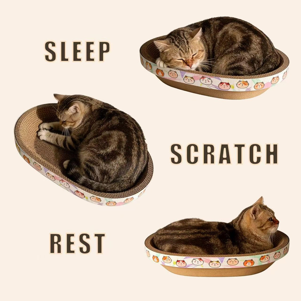 Rascador-gatos-carton-oval con juguetes interactivos para entretenimiento del felino.