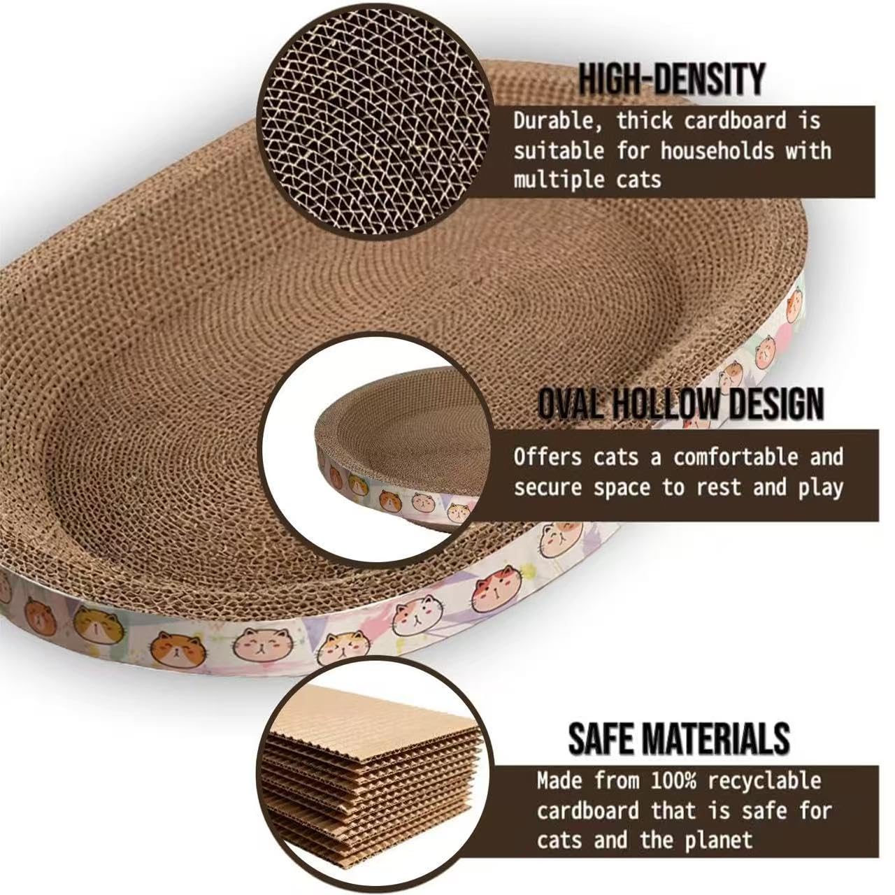 Rascador-gatos-carton-oval con textura de borde, araña suavemente y cuida las uñas.