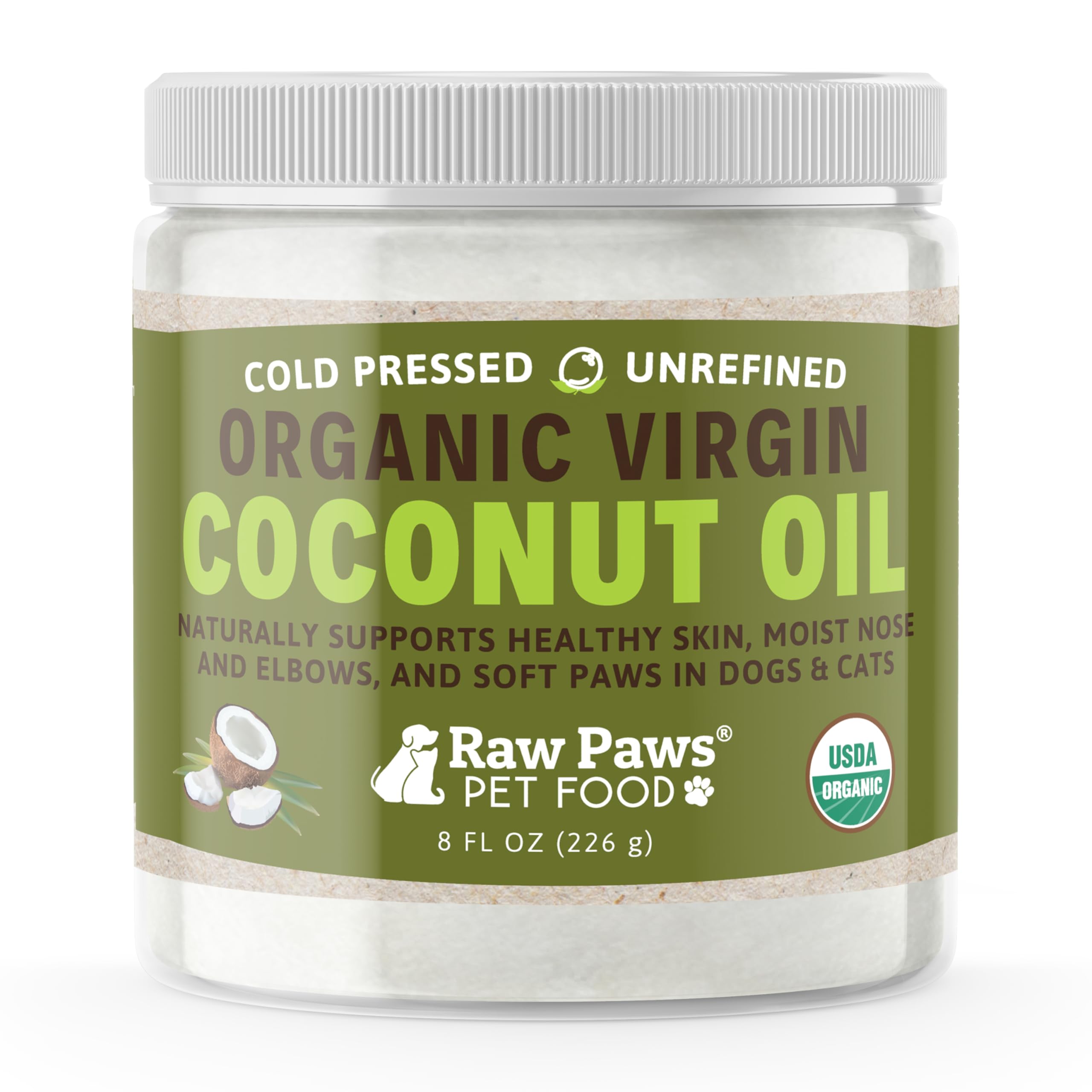 Raw Paws Virgin Organic Coconut Oil bottle for daily skin and coat care.
