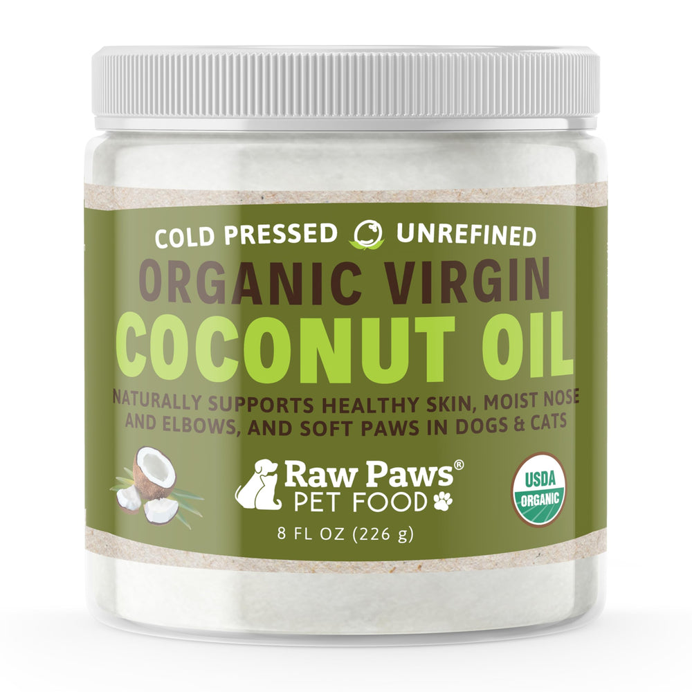 Raw Paws Virgin Organic Coconut Oil bottle for daily skin and coat care.