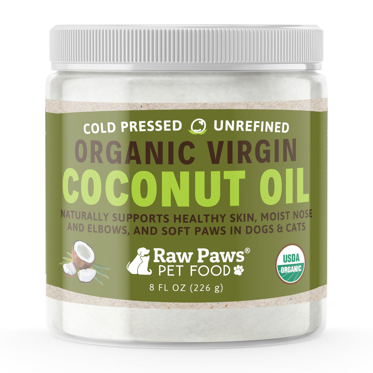 Raw Paws Virgin Organic Coconut Oil bottle for daily skin and coat care.