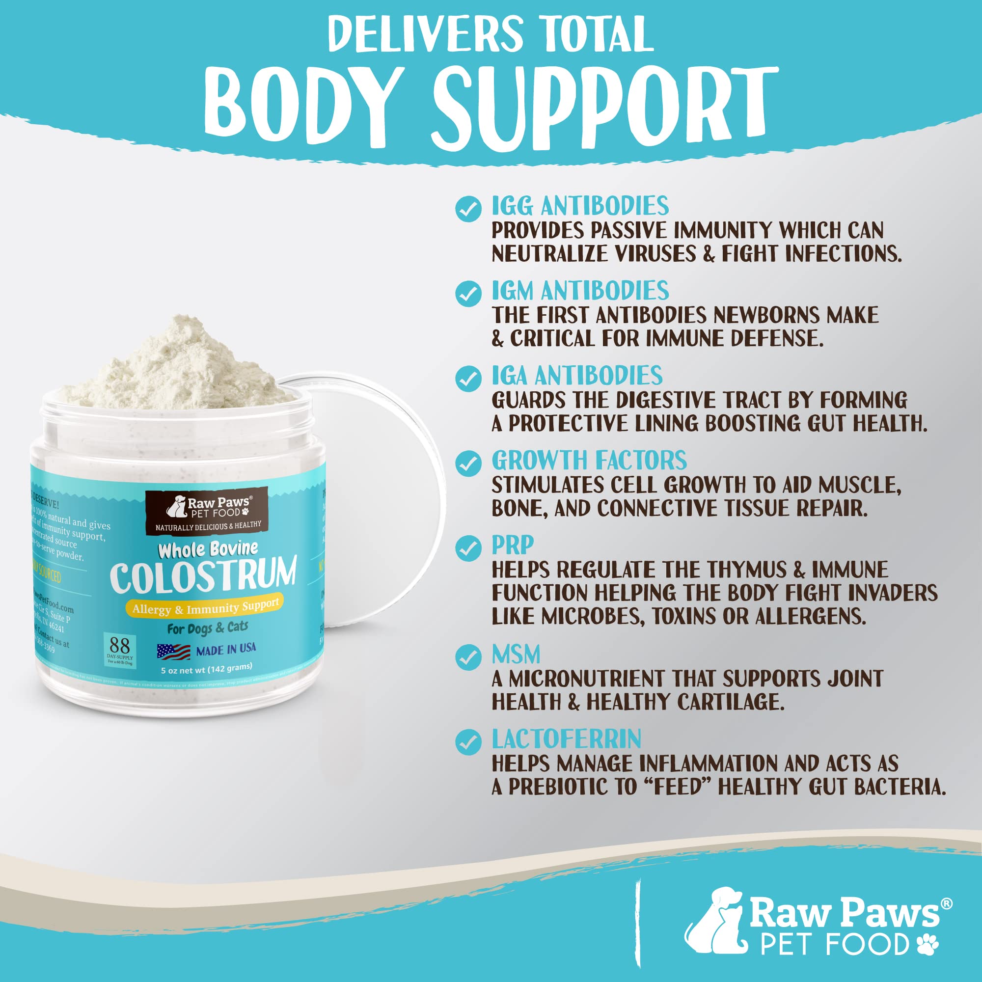 Raw Paws Colostro bovino envase seguro producido en EE.UU