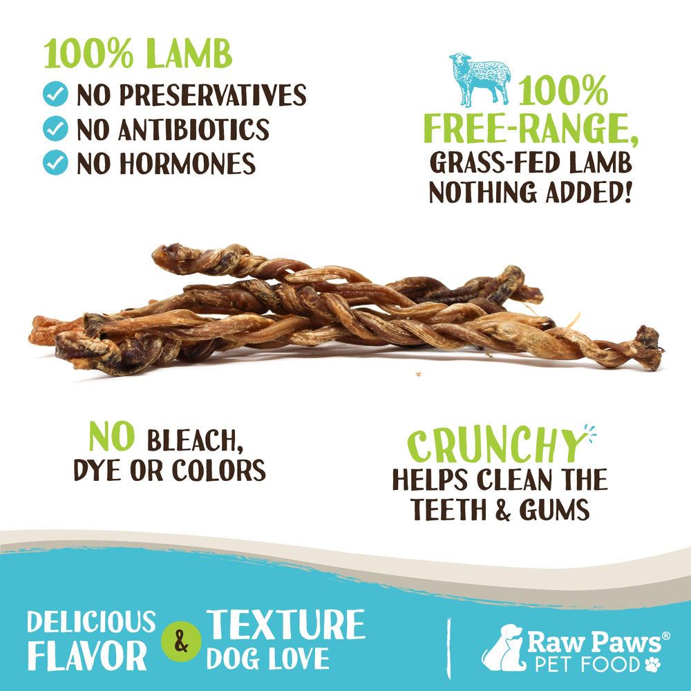 Raw Paws Lamb Pizzle Twists con empaque natural y USA.