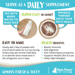 Raw Paws mezcla leche de cabra en agua para una bebida digestiva fácil