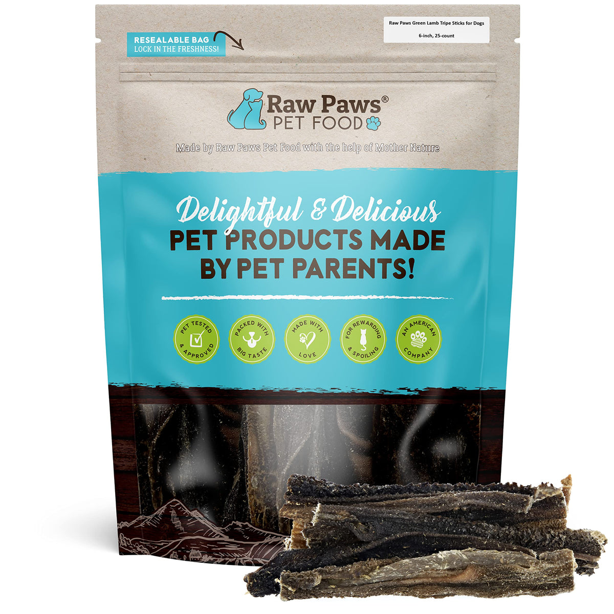 Raw Paws palitos de tripa de cordero verde, paquete listo para perros, snack natural.