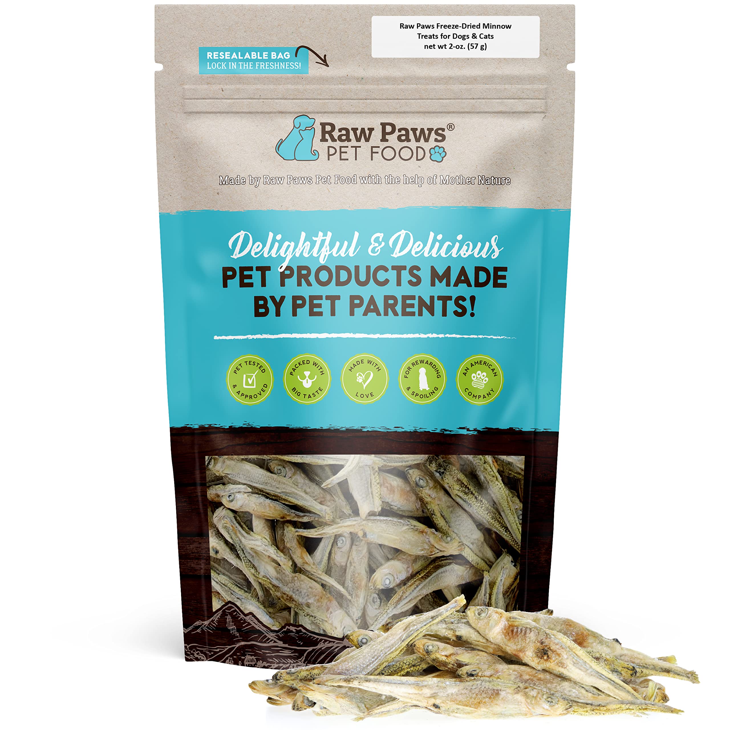 Raw Paws pececillos liofilizados en bolsa de 2oz, snack proteico para mascotas.