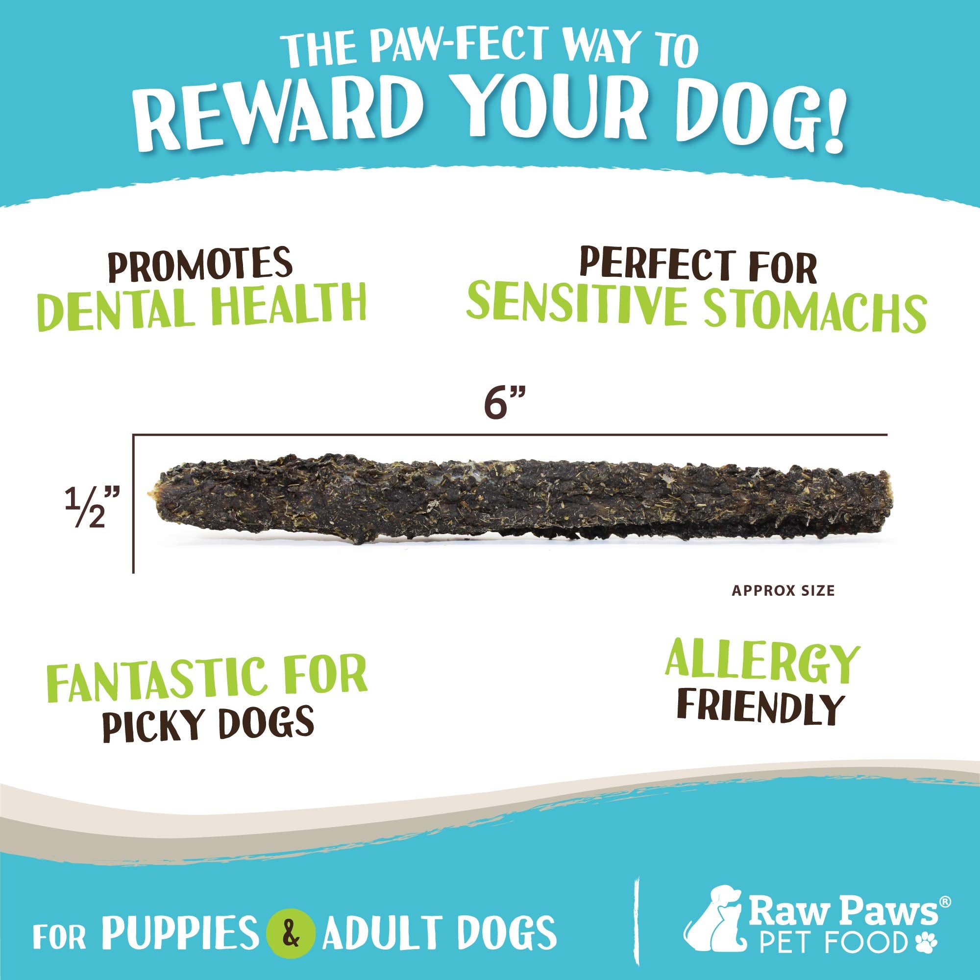 Raw Paws perro masticando palitos tripa cordero verde, snack saludable para limpieza dental.